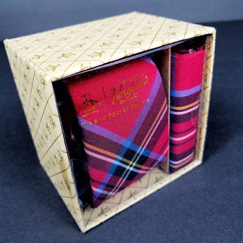 The Original Penguin Tartan Print Tie and Pocket Square Set - Picture 2 of 4